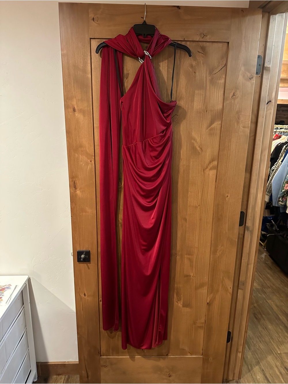 Halston Heritage Burgundy Crepe One-Shoulder Gown